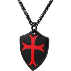 Black Red Knights Cross Joshua 1:9 Shield Pendant Necklace w 22+2 inch Chain